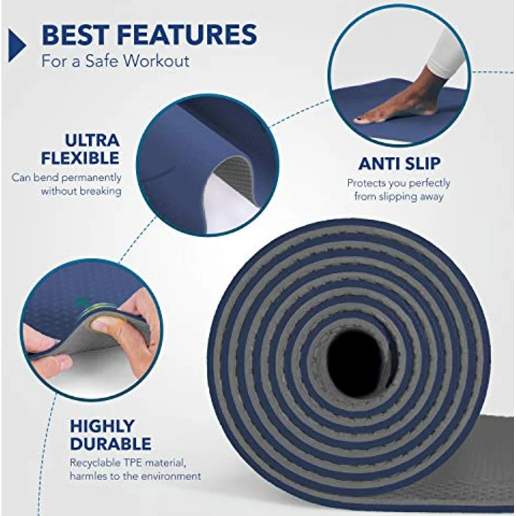 RE:SPORT Yogamatte Phthalatfrei - Gymnastikmatte rutschfest, Fitnessmatte schadstofffrei, Trainingsmatte mit Tragegurt 183 x 61 x 0,6 cm, Navy-Blau / Schwarz – Bild 5