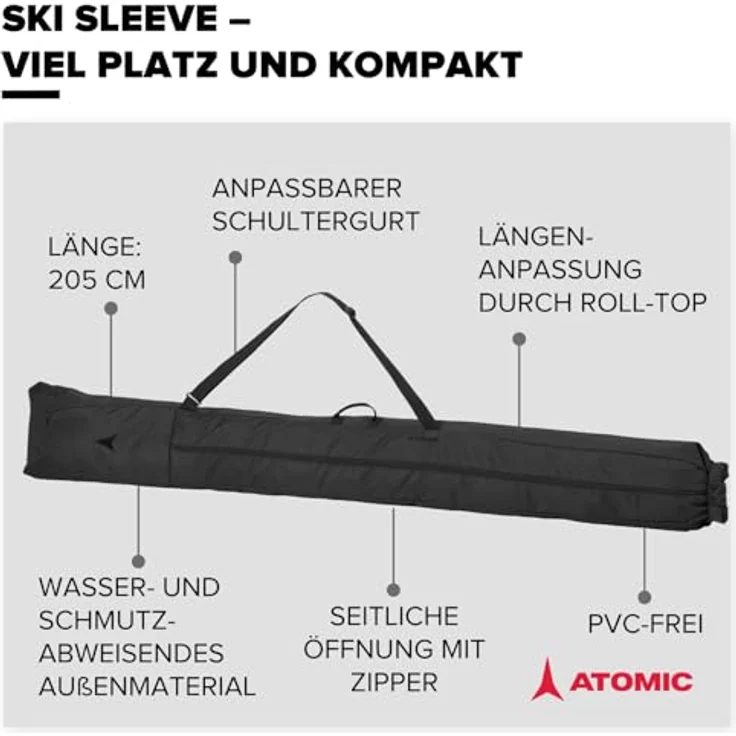 Atomic Ski SKI SLEEVE BLACK BLACK, 205 cm Skisack mit wasser- und schmutzabweisendem Material, verstellbarem Rolltop und anpassbaren Schulterträgern – Bild 2
