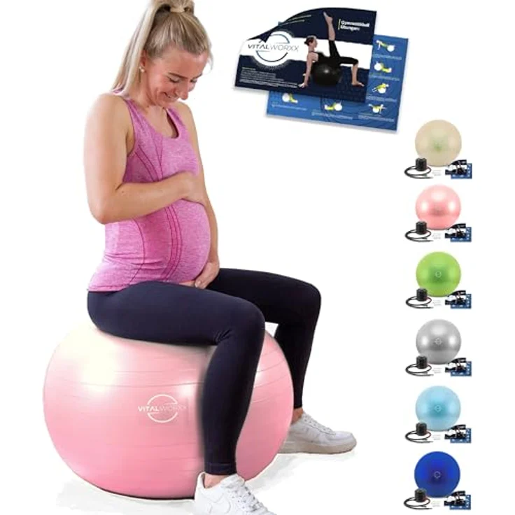 VITALWORXX Gymnastikball für Schwangere, 75 cm, extrem stabil, rosa, mit Pumpe und Übungen für Schwangerschaft, Geburt und Gesundheit – Bild 5