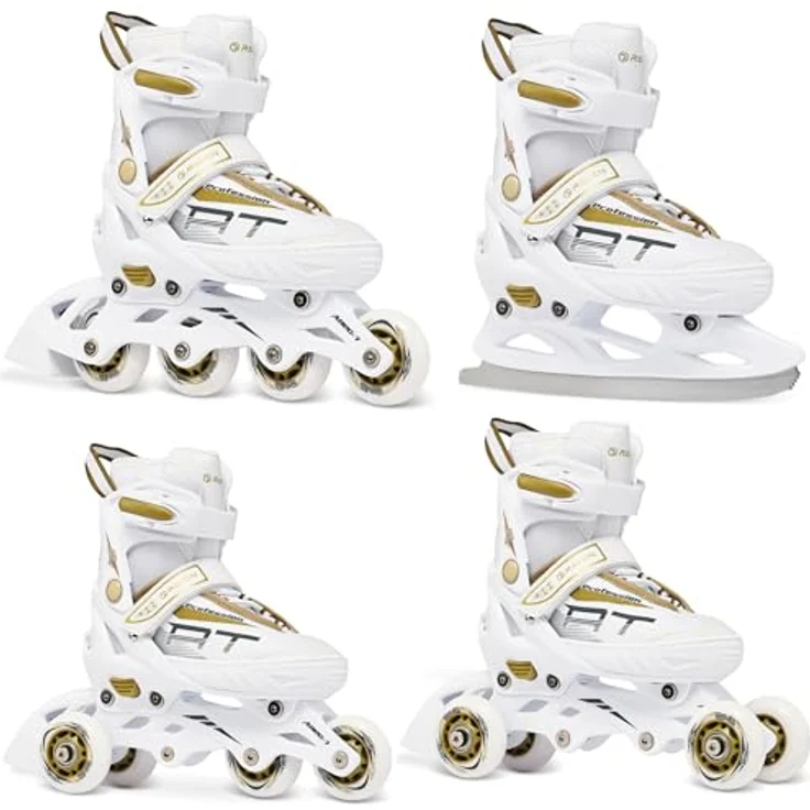RAVEN Profession 4in1 Inlineskates, verstellbare Rollschuhe & Schlittschuhe, White/Gold, Größe 38-42 (25cm-27,5cm), mit Triple-Vent-System und SAS Shock-Absorbing-System – Bild 1