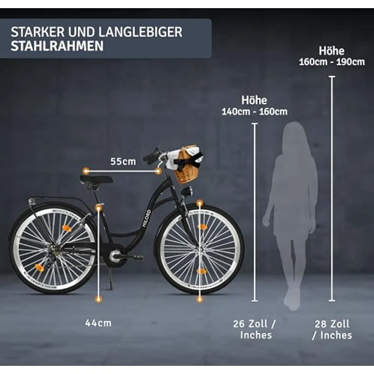 Milordbikes City-Fahrrad, schwarz, Metall, 46 cm, 90 % vormontiert, inkl. Pedale und Werkzeug, leicht rollende 700C x 35 mm Reifen – Bild 3