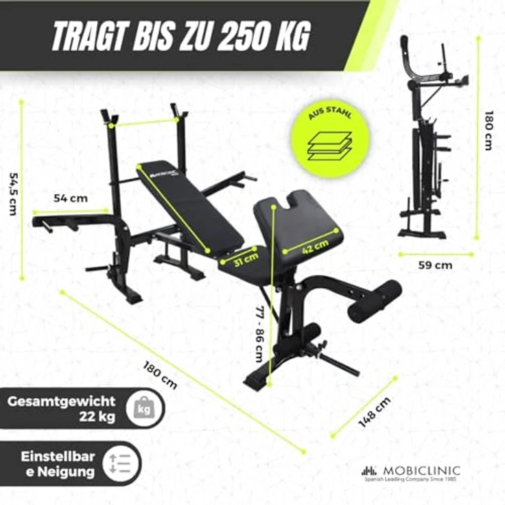 Mobiclinic® Fitness, Multifunktionale Trainingsbank, Pressfit, Verstellbar, klappbar, Stahl, Belastbar bis 250 kg, Unterstützung für Stangen, ideal für Kraftübungen zu Hause – Bild 2