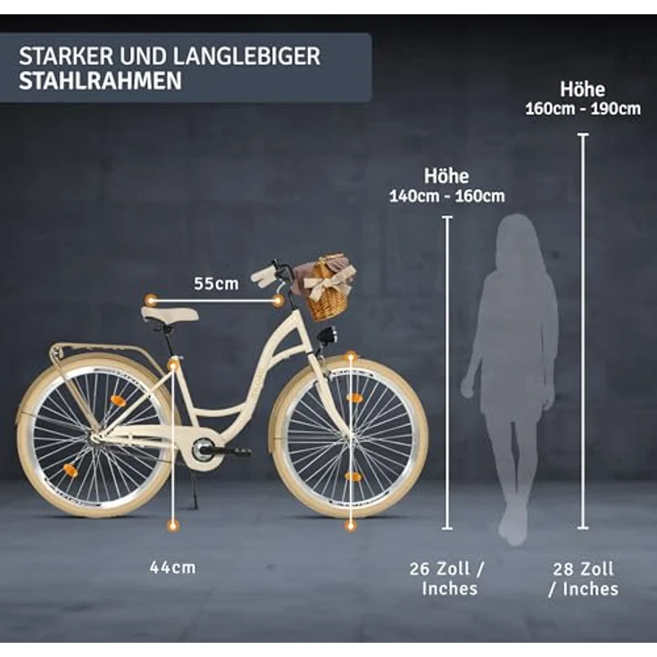 Milordbikes City-Fahrrad, Creme, 46 cm, leichtes Metall, Freizeit- und Sportfahrrad mit Aluminiumfelgen und hinterem Trägersystem – Bild 3