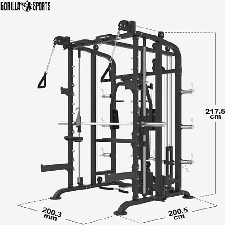 GORILLA SPORTS Kraftstation Multifunktionale, Power Rack, 50mm Stange, Latzug mit Kabelzuggriffen, 300 kg Max Gewicht - Fitnessstation, Smith Machine, Multi-Gym, Stahlrahmen – Bild 5