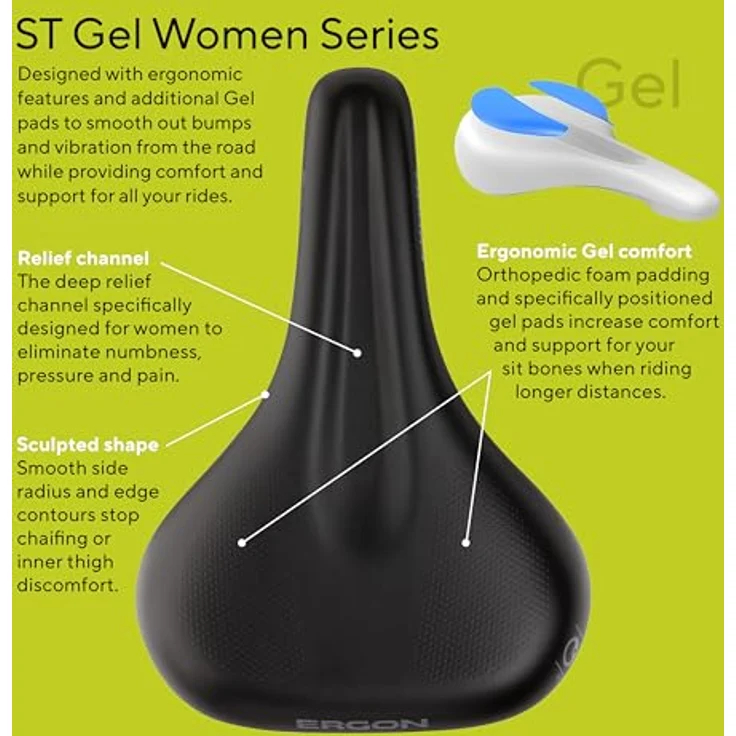 Ergon ST Gel Women, Fahrradsattel mit orthopädischer Comfortpolsterung und Entlastungskanal für Frauen, schwarz – Bild 3