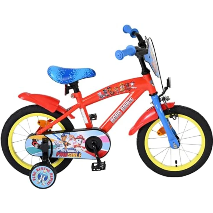 Volare Kinderfahrrad Paw Patrol, 14 Zoll, Rot/Blau, mit abnehmbaren Seitenrädern, höhenverstellbarem Sattel und Lenker, für Jungen – Bild 1