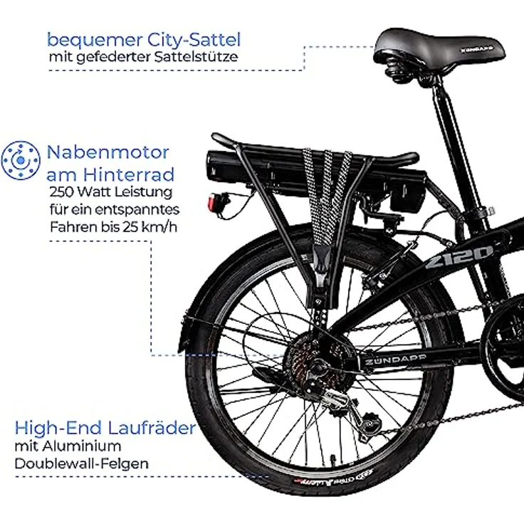 ZÜNDAPP Z120 20 Zoll E Bike Faltrad klappbar Damen Herren Elektrofahrrad Schwarz/Weiß, 7-Gang-Schaltung, StVZO-konform – Bild 4