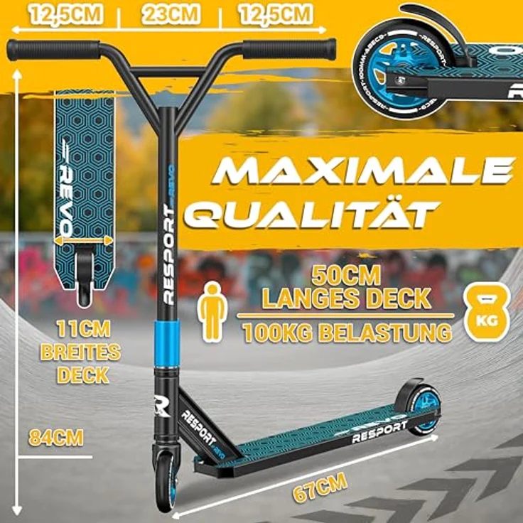 RE:SPORT® Stunt Scooter REVO, Profi Stuntroller für Kinder & Erwachsene mit Ständer, 100mm Polyurethanräder, Y-Bar, ABEC 9 Kugellager, Tretroller Trickroller – Bild 7