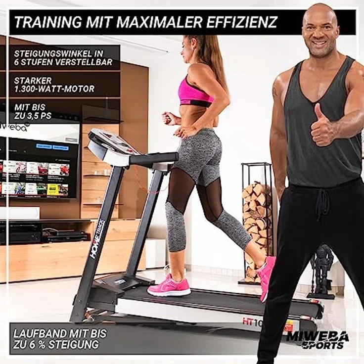 Miweba Sports elektrisches Laufband HT1000 | 3,5 PS - 16 Km/h - Incline 6% - Traglast 120 Kg - Klappbar - 12+4 Laufprogramme - Smartphone Tablet Halterung - Große Lauffläche (Schwarz) – Bild 4