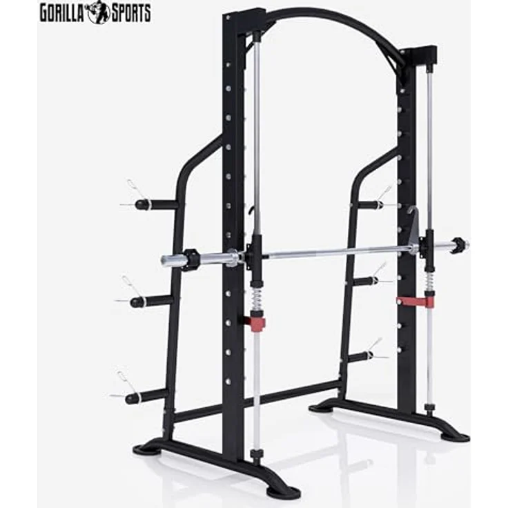 GORILLA SPORTS® Power Rack - inkl. Langhantelstange, bis 300 kg belastbar, 6 Hantelscheibenablagen, Stahlkonstruktion, Schwarz - Multipresse, Kraftstation, Smith Machine, Power Cage, Squat Rack – Bild 3