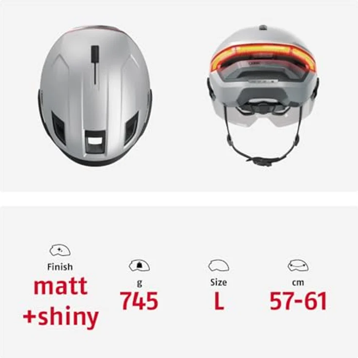 ABUS HYP-E B.LACE Fahrradhelm, mit Front-, Rück- und Blinklicht, kabelloses Bremslicht, Visier und Ohrenschützer, für E-Bike und S-Pedelec, ilber, Größe L (57-61 cm) – Bild 5