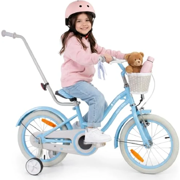Sun Baby Kinderfahrrad Silver Moon 16 Zoll Mädchenfahrrad mit Stützrädern, Blau – Bild 1