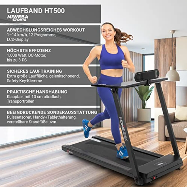 Miweba Sports elektrisches Laufband HT500 | 3 PS - 1-14 Km/h - Traglast 120 Kg - Klappbar - 12 Programme - Smartphone Tablet Halterung - Große Lauffläche - LCD-Display - Elektro-Laufband – Bild 2