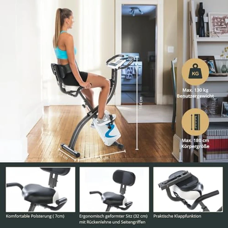 Skandika Foldaway X-2000 Fitnessbike zusammenklappbar mit Bluetooth, Tablet Halterung, Rückenlehne, Multifunktionscomputer, Handpulssensoren und 16-stufiger, computergesteuerter Widerstand – Bild 5