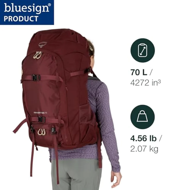 Osprey Europe Damen Fairview Trek 70 Reiseset, Wanderrucksack mit belüftetem Airspeed-Trampolin, integrierter wasserdichter AirCover Reisetasche, blau – Bild 2