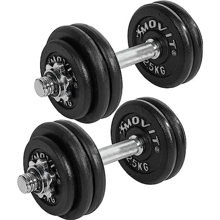 MOVIT® Kurzhantel PRO Set, Gusseisen Hantel, 2x 15kg, Stange 30mm Standardnorm, Griff gerändelt, Sternverschlüsse, Hantel Set Kurzhantelset Gewichte