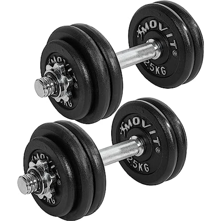 MOVIT® Kurzhantel PRO Set, Gusseisen Hantel, 2x 15kg, Stange 30mm Standardnorm, Griff gerändelt, Sternverschlüsse, Hantel Set Kurzhantelset Gewichte – Bild 1