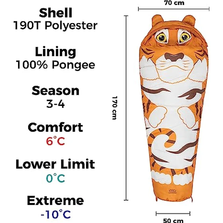 Highlander Kinder-Schlafsack im Mumien-Stil, warm und leicht, mit kreativen Designs (Schildkröte, Hai, Panda, Marienkäfer), ideal für Camping und Übernachtungen, 170 cm lang – Bild 2