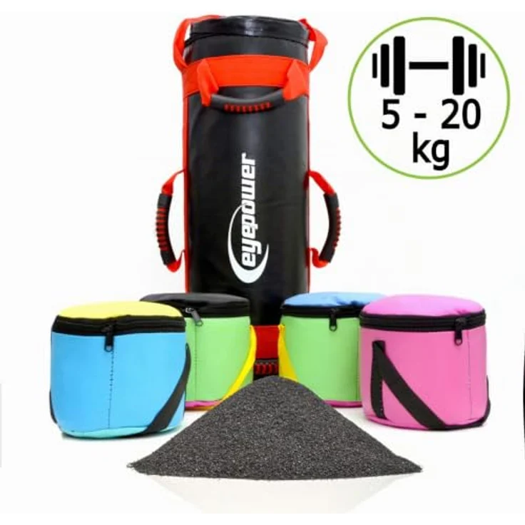 EYEPOWER 20kg Power Bag mit 4 Kettlebell Gewichten, Fitness Sandbag für Zuhause, 6 Griffe, wasserdicht, 20x60cm, Bauch- und Rückentrainer – Bild 2