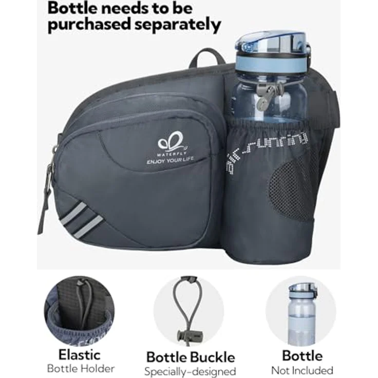WATERFLY Gürteltasche Bauchtasche mit Flaschenhalter, atmungsaktive Sport Hüfttasche für Laufen, Radfahren und Wandern, Dunkelgrau – Bild 3
