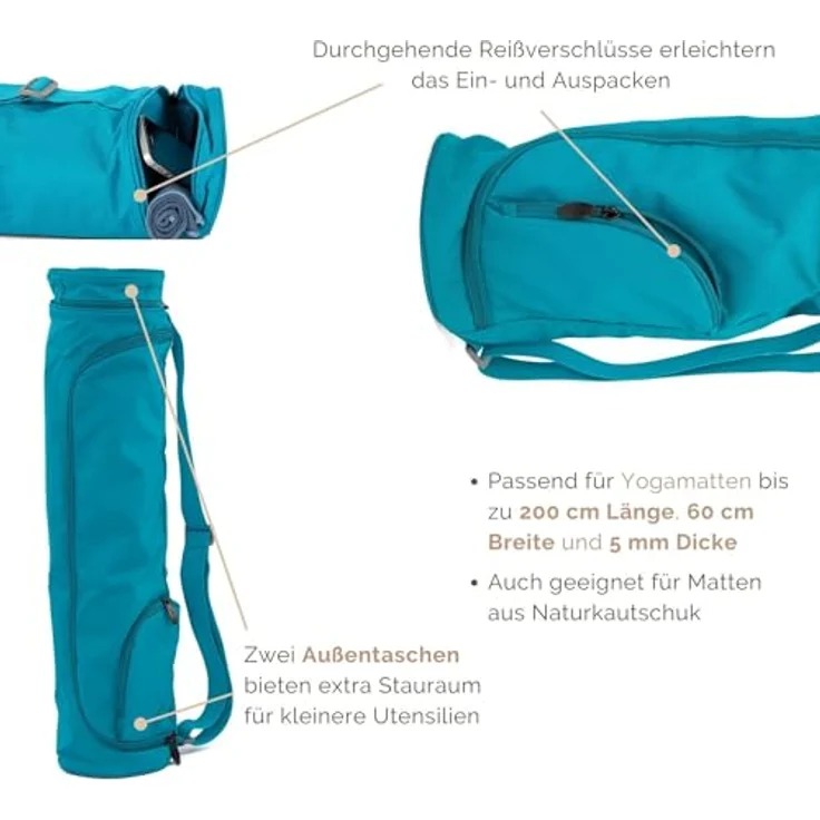 Bodhi Yogatasche ASANA BAG 60 | Spritzwasserfeste Sporttasche | Außentaschen für extra Platz | Polyestertasche für Yogamatten & Zubehör | Yogamattentasche für Matten mit 60 cm Breite | türkis – Bild 3