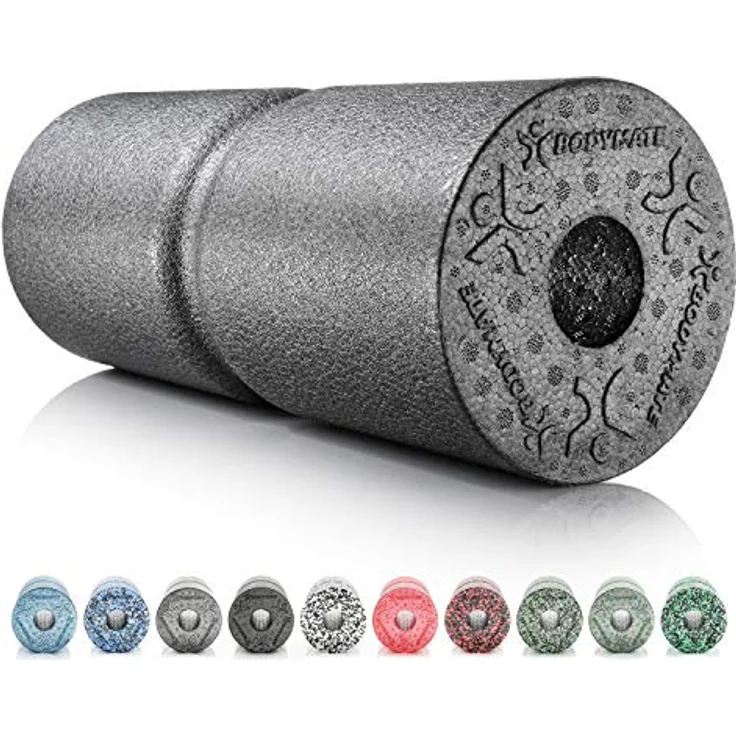 BODYMATE Faszienrolle CARE Mittel-Hart mit umlaufender Rille zur Wirbelsäulen-Entlastung, inklusive E-Book - Carbon-Grey, 35x14cm – Bild 1