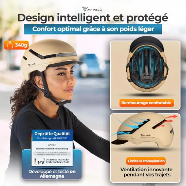 MIVELO NOVA Fahrradhelm Unisex mit Licht, NTA zertifiziert bis 45 km/h, ultraleicht, beige, M (54-58 cm), inkl. Helmschloss und abnehmbarem Visier – Bild 2