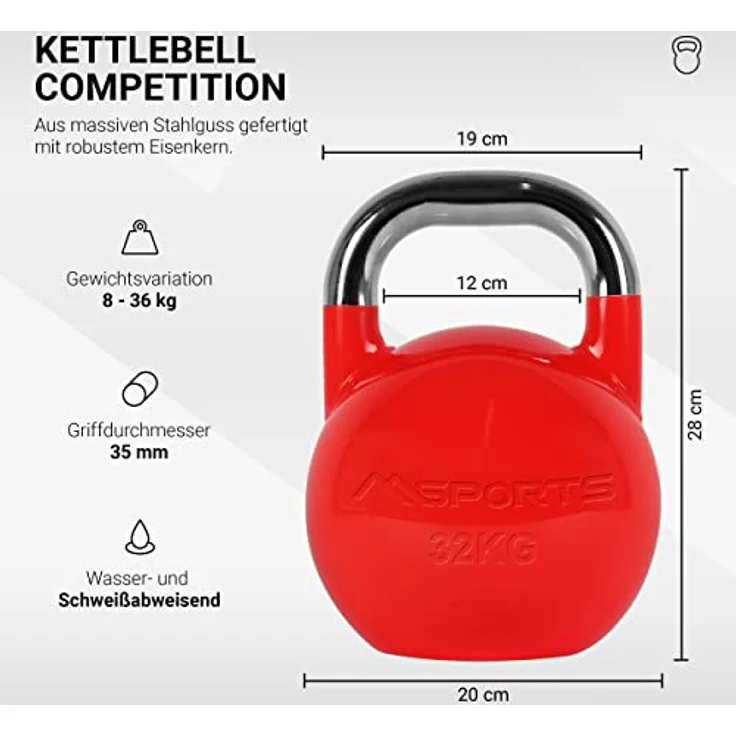MSPORTS Kettlebell Competition 4-32 kg inkl. Übungsposter | Professional Studio Qualität | Wettkampf Kugelhantel (32 kg - Rot) – Bild 2
