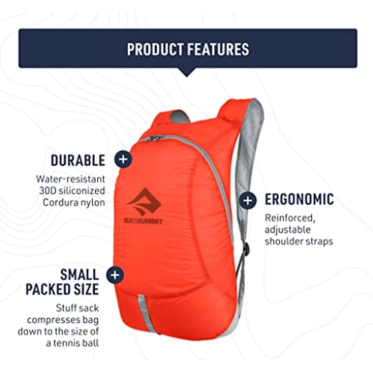 Sea to Summit Ultra-Sil Tagesrucksack 20L, Wasserabweisender & Ultraleichter Rucksack aus 30D Cordura-Gewebe, 2-Wege-Reißverschluss, Spicy Orange, 72g – Bild 4