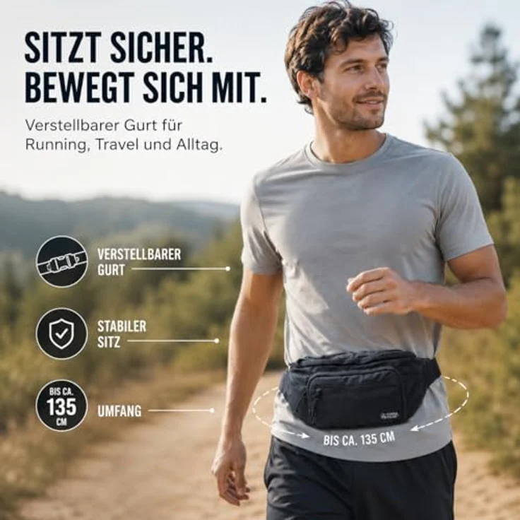Terra Peak® Bauchtasche 1,5L mit Geo-Tag-Fach - Hüfttasche schwarz für Damen und Herren, gepolstert, 5 Fächer, wasserabweisend, ideal für Sport, Wandern und Reisen – Bild 3