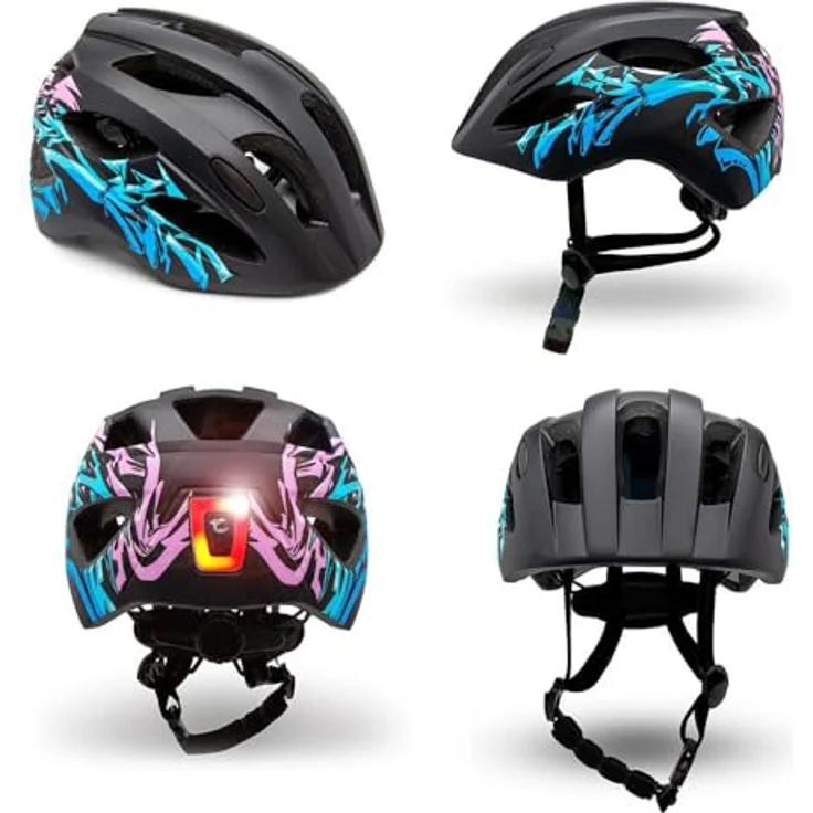 Crazy Safety Casque vélo Enfant Cool Graffiti, verstellbarer Kinderfahrradhelm in Schwarz und Blau mit USB wiederaufladbarem LED-Licht und 15 Lüftungslöchern für Radfahren, Skateboard und Roller, geeignet für 6-12 Jahre – Bild 2
