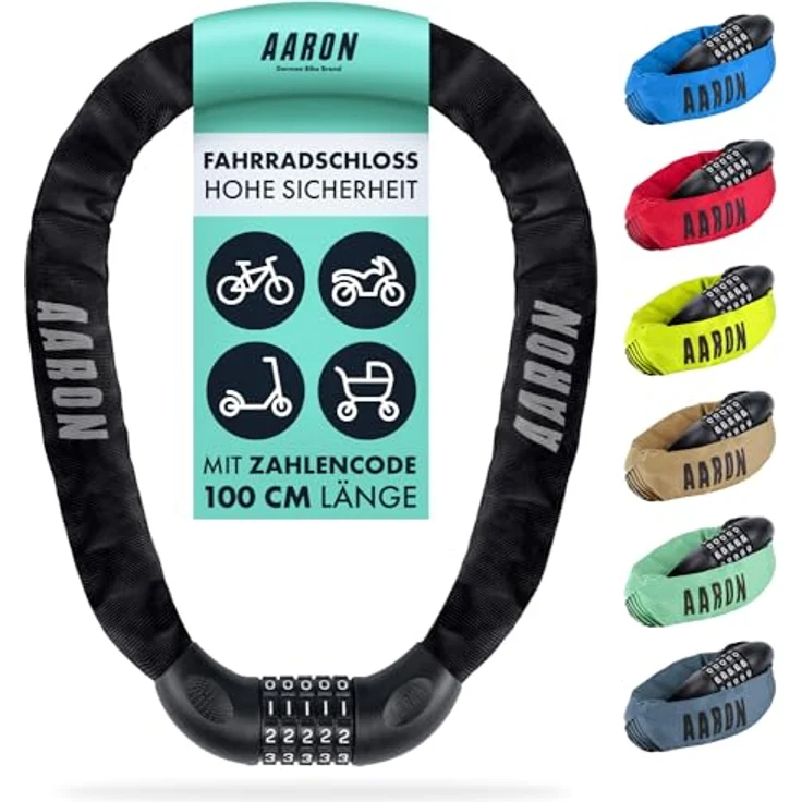 AARON Lock One Fahrradschloss, 5-stelliger Zahlencode Kettenschloss aus gehärtetem Stahl, hohe Sicherheitsstufe, 100 cm lang, schwarz – Bild 1