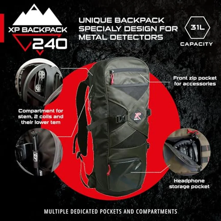 XP Metal Detectors Rucksack 240, leichter und robuster Wanderrucksack für Metalldetektoren, 31 Liter, grün mit geometrischem Muster, ergonomisch und praktisch mit über 8 Taschen und Fächern – Bild 4