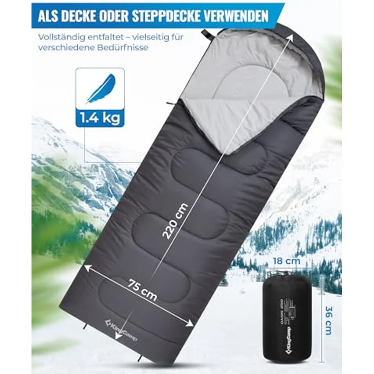 KingCamp Oasis Serie Deckenschlafsäcke mit Kopfteil, 220 × 75 cm, 3 Jahreszeiten, Komfortbereich 12°C bis -3°C, wasserabweisend, inkl. Packsack – Bild 2