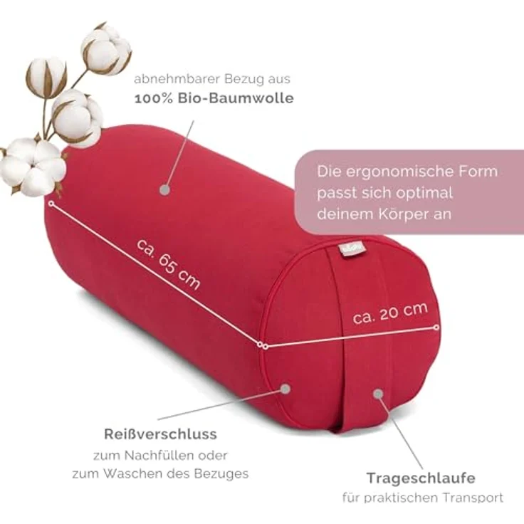 Bodhi | Yoga Bolster ECO | 100% Bio-Baumwolle | Yogarolle mit Bio Dinkelfüllung | Waschbarer Bezug | Yogakissen rund für Restoratives Yoga Übungen | Groß ca. 65 x 22 cm | Bordeaux – Bild 2
