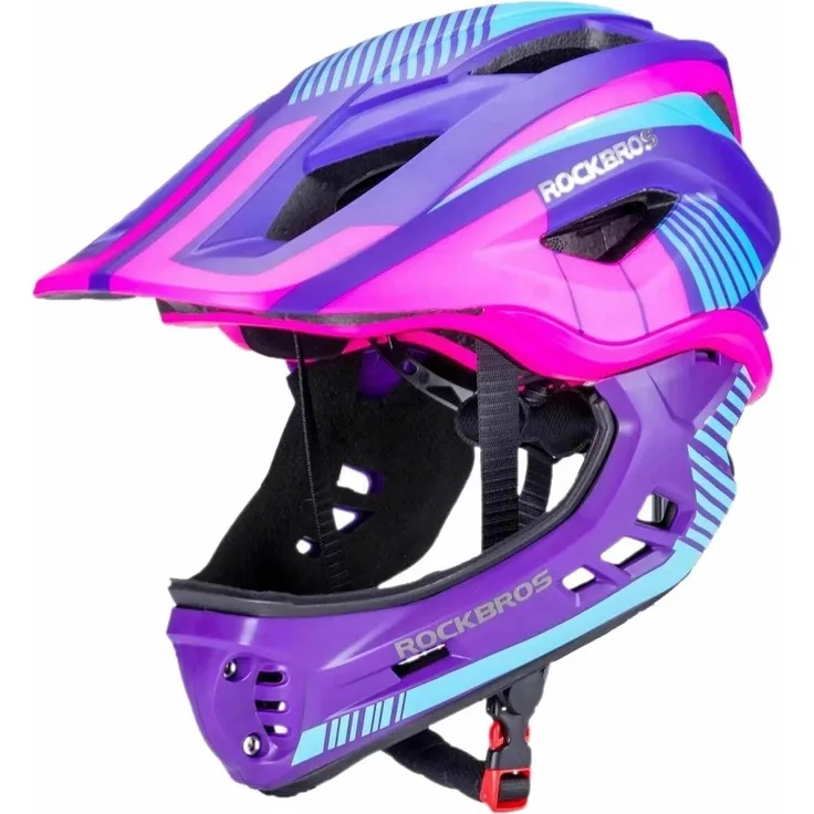 ROCKBROS TT-32SBPP-M, Kinderfahrradhelm mit abnehmbarem Maul, Größe M, lila-rosa, leicht und verstellbar