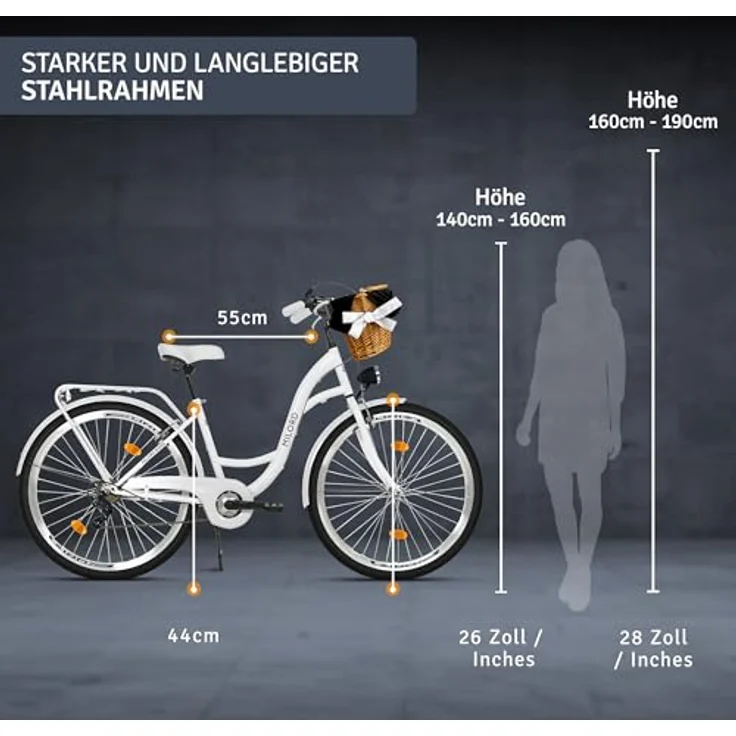 Milordbikes City-Fahrrad, Weiß, 46 cm, Metallrahmen, leichtlaufende 700C Reifen, inklusive Träger und Werkzeugset – Bild 3