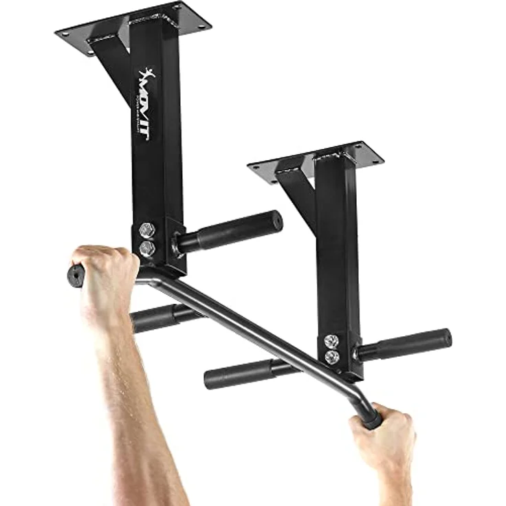 MOVIT® Profi Klimmzugstange zur Deckenmontage, bis 350 kg, 6x rutschfeste Griffe, 2x Ösen für Zubehör, schadstoffgeprüft, Schwarz, Türreck Reckstange Pull up bar – Bild 5