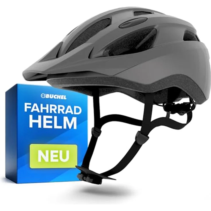 BÜCHEL Fahrradhelm mit In-Mould-Technologie, Cam Lock, Kinnpolsterung & Fliegennetz, Grau Matt, Größe L (58-61 cm) – Bild 1