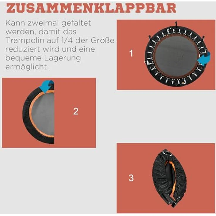 HOMCOM 102 cm Fitness-Trampolin, Faltbares Mini-Trampolin mit höhenverstellbarem Haltegriff, Belastbarkeit bis 100 kg, Schwarz+Orange – Bild 4
