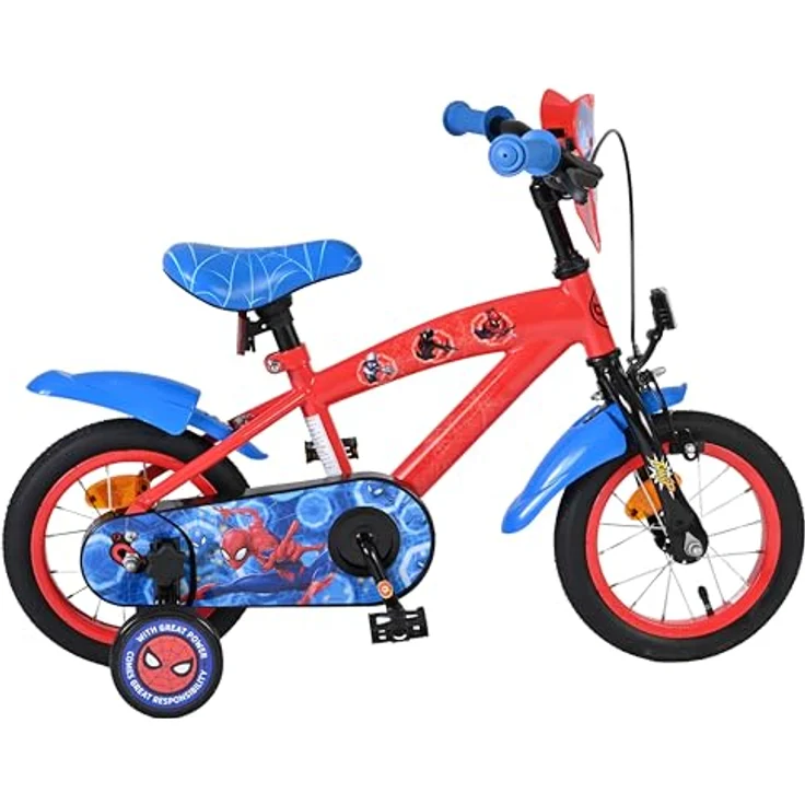 Volare Spider-Man Kinderfahrrad, 12 Zoll mit Handbremse, Rücktrittbremse, abnehmbaren Stützrädern, Blau/Rot – Bild 8