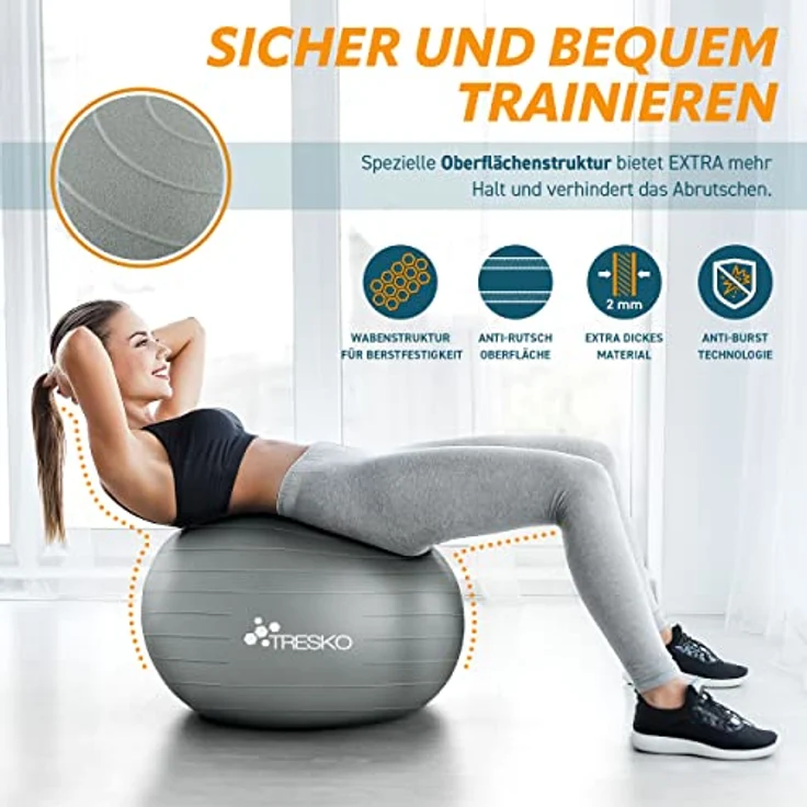 TRESKO Gymnastikball mit GRATIS Übungsposter inkl. Luftpumpe - Yogaball BPA-Frei | Sitzball Büro | Anti-Burst | 300 kg,Grau,75cm (für Körpergröße 175 - 185cm) – Bild 4