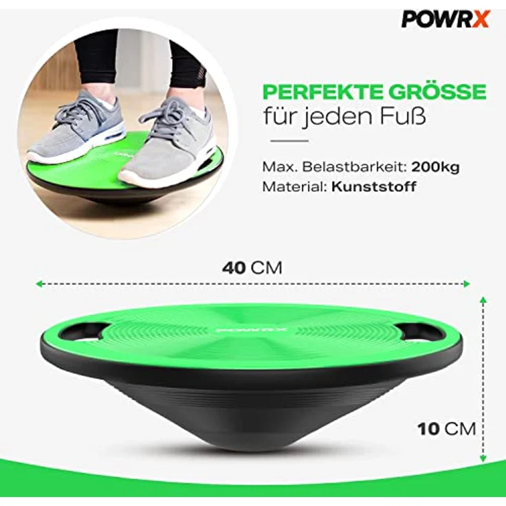 POWRX Balance Board inkl. Workout I Wackelbrett Ø 40cm mit Griffen I Therapiekreisel für propriozeptives Training und Physiotherapie versch. Farben Grün - Preisvergleich – Bild 2