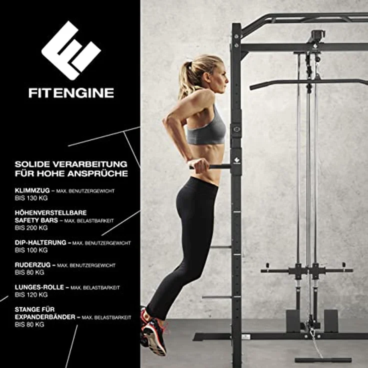 FitEngine Power Rack | Power Cage mit Latzug, Kabelzug, Dip-Station + Klimmzugstange | Variabel einstellbare Spotter für Langhantel – Bild 5