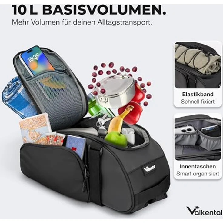 Valkental 3in1 Fahrradtasche für Gepäckträger, wasserfest und reflektierend, Rucksackfunktion, 10-14L Volumen, zahlreiche Fächer, schwarz/grau – Bild 3