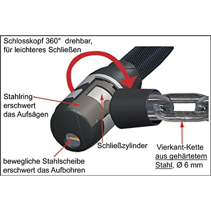 Point Security Plus Fahrradschloss Reflex-Kettenschloss RKS 140, 1,4 m extra lange Vierkantkette aus gehärtetem Stahl, schwenkbares Kabeloberteil – Bild 2