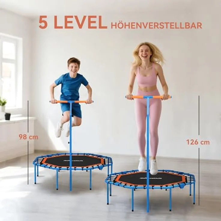 SPORTNOW Fitness Trampolin klappbar Ø128 cm, Mini Trampolin mit 5-stufig höhenverstellbarem Haltegriff, leise Gummiseile, für Indoor und Outdoor Jumping – Bild 3