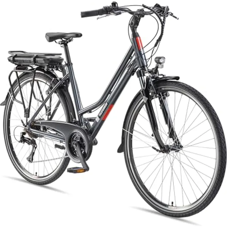 TELEFUNKEN XT485 E-Bike Damen 28 Zoll Trekking-Fahrrad mit 250W Hinterradmotor, 21-Gang Kettenschaltung, 536,5 Wh Akku, V-Bremsen und LED-Beleuchtung