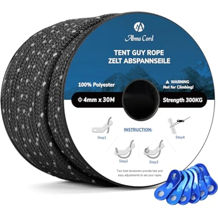 Abma Cord Zelt-Abspannseile mit 300 kg Bruchlast, 30 m reflektierende Schnur und 6 Seilspanner, Schwarz – Bild 1