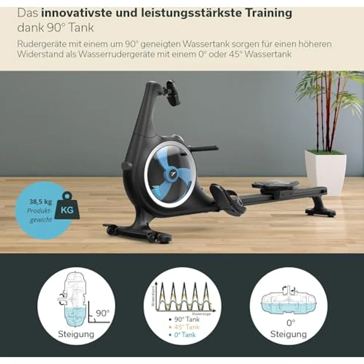 Skandika Rudergerät Nemo V Hybrid | Wasser und Magnetwiderstand kombiniert, 90° Tank, bis 200 cm & 150 kg, Kinomap App kompatibel, Bluetooth, aufstellbar | Wasserrudergerät für Zuhause – Bild 3